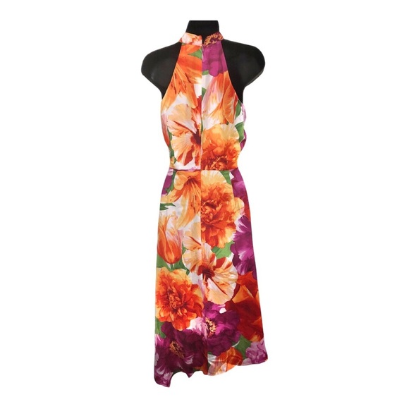 Maggy London pink tropical floral print asymmetrical flowy halter dress size 6 - Picture 11 of 16